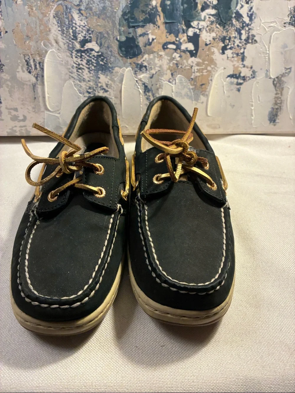 Genuine Sperry Black Leather Boat Shoes with Leopard Accent - Women’s Size 7.5